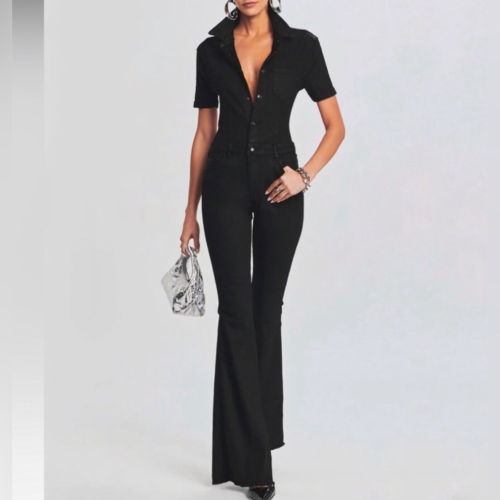 NWT SER.O.YA Lyla Coated Black Denim Backless Wide Leg Jumpsuit Black Size L